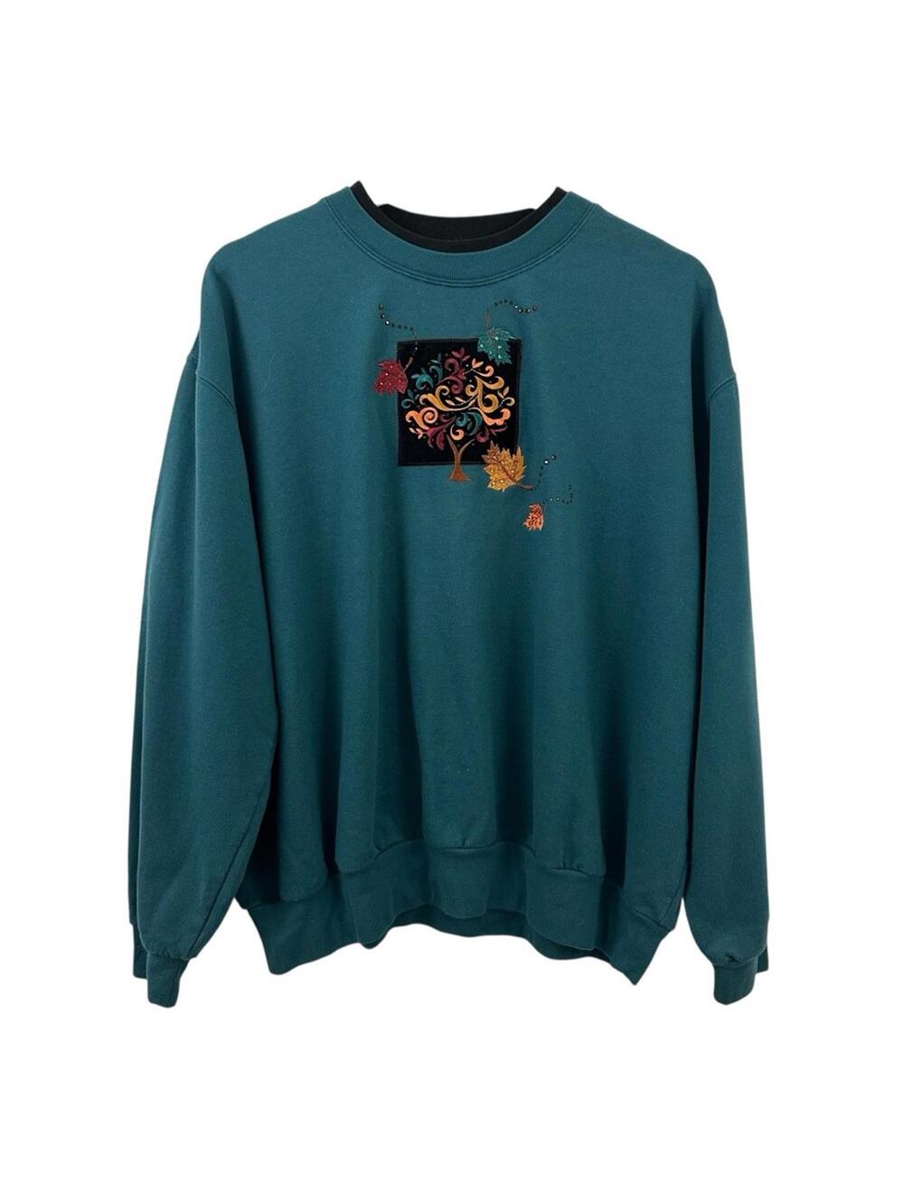 Vintage Decorated Originals Women’s Fall Leaves Blue Pullover Sweatshirt Size XL